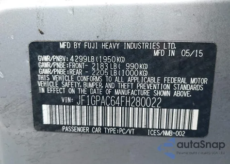 2015 Subaru Impreza 2.0I Premium from USA, damaged, VIN JF1GPAC64FH280022